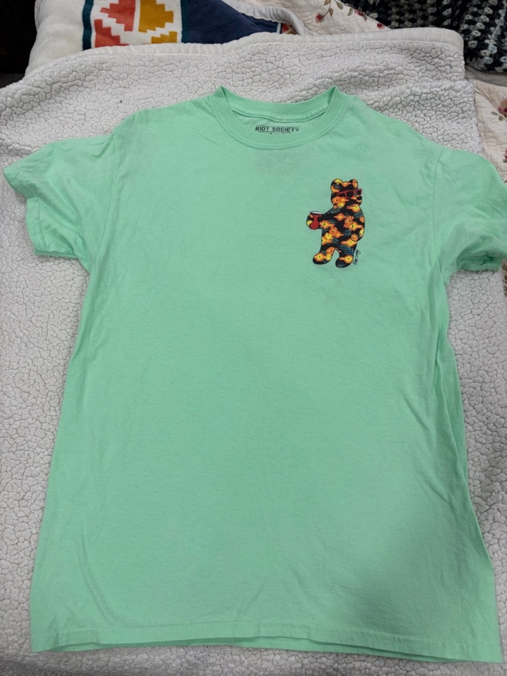 riot society Mint Green Tee with Floral Bear Patch